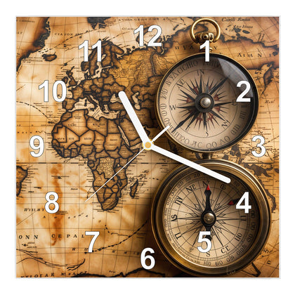 Wanduhr Quadratisch mit dem Motiv Weltkarte mit Kompassen