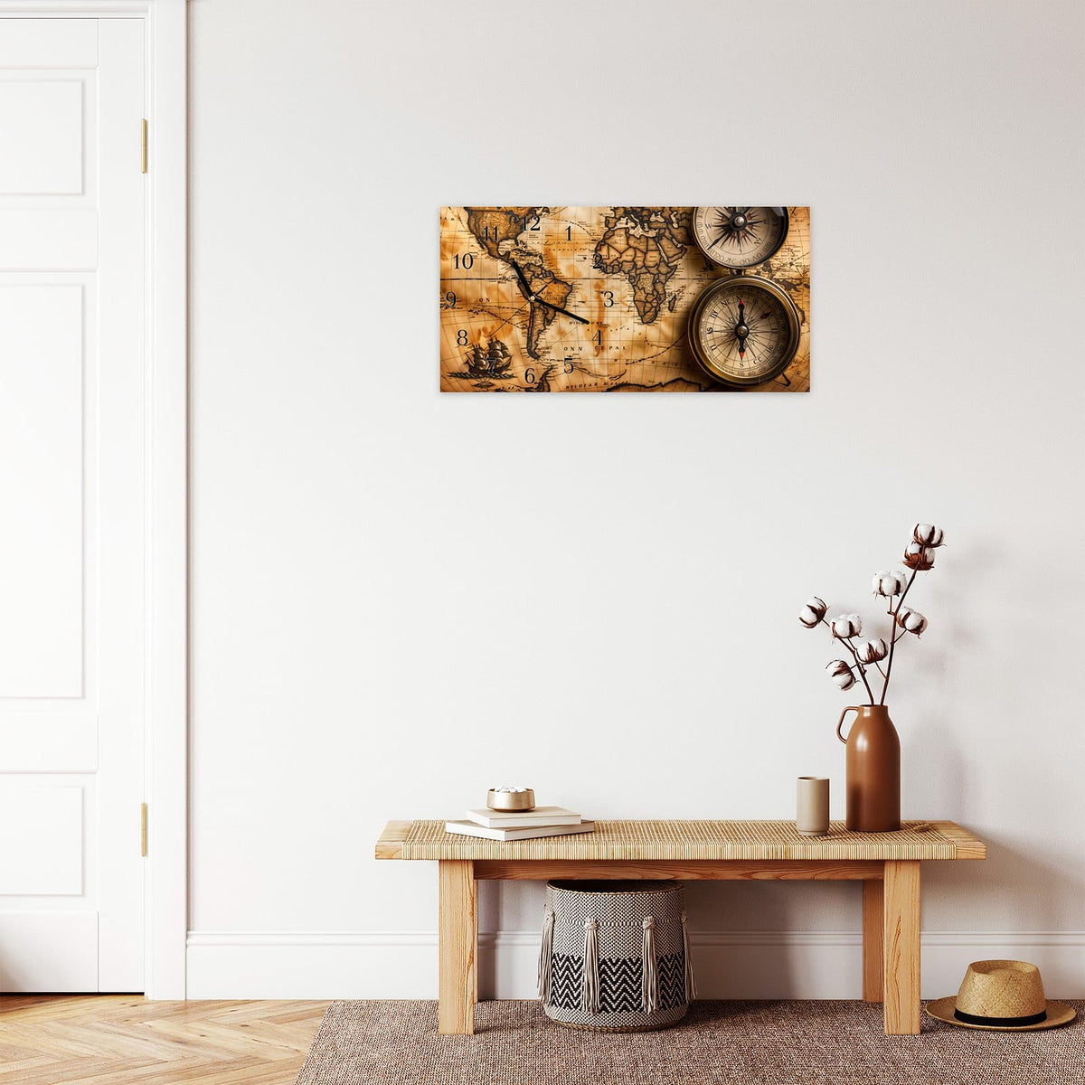 Moderne Wanduhr aus Glas mit Farbtiefe – Wanduhr Weltkarte mit Kompassen aus Glas – Querformat 60 × 30 cm