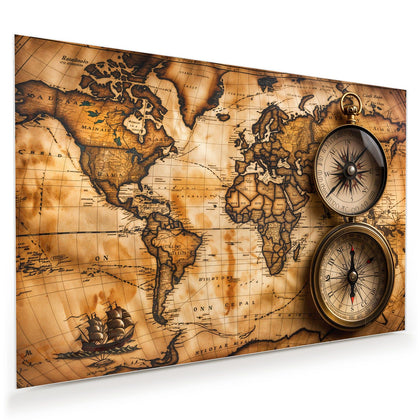 Wandbild mit dem Motiv Weltkarte mit Kompassen