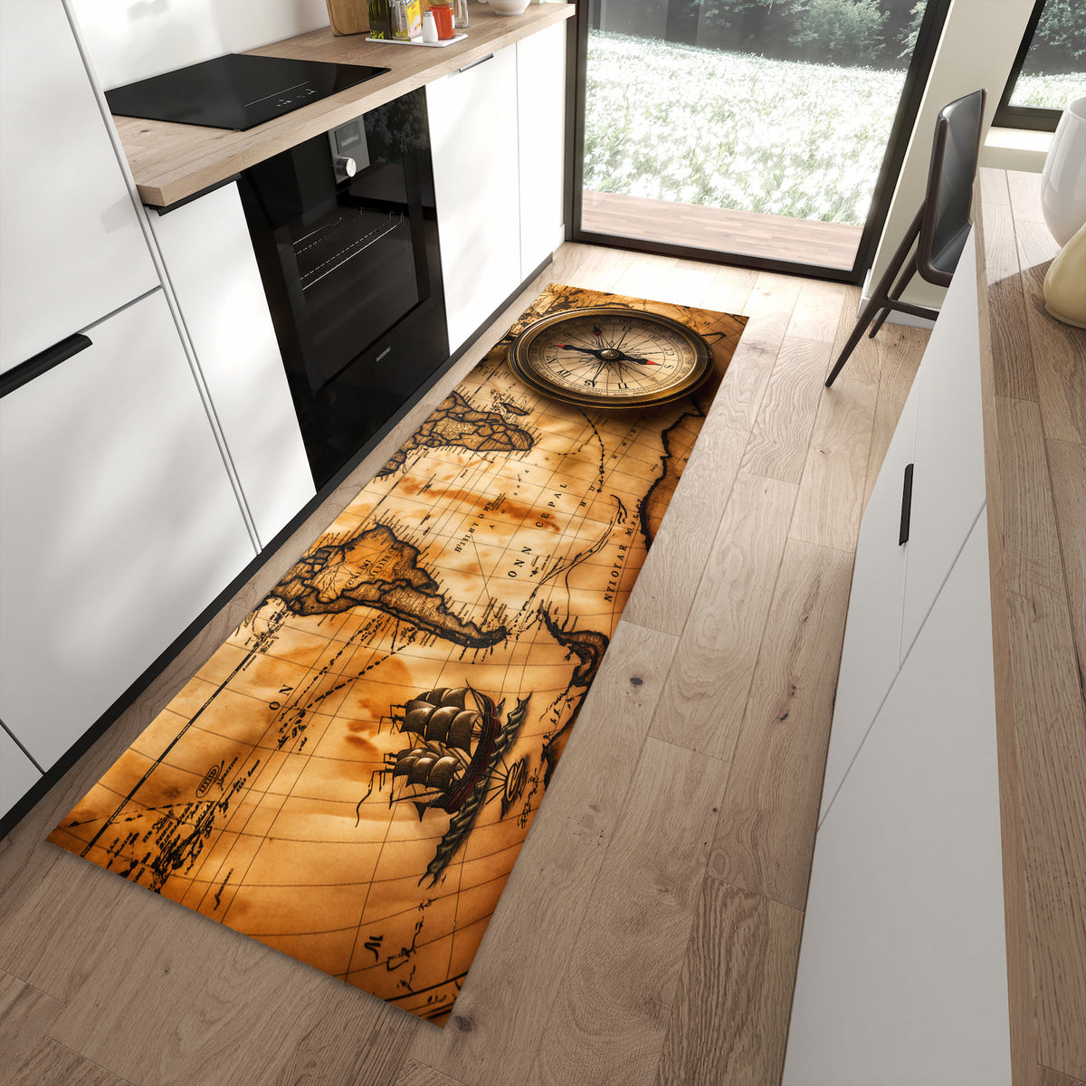 Geruchsneutraler waschbarer Küchenteppich mit Motiv Vintage Weltkarte Kompass in moderner Küche