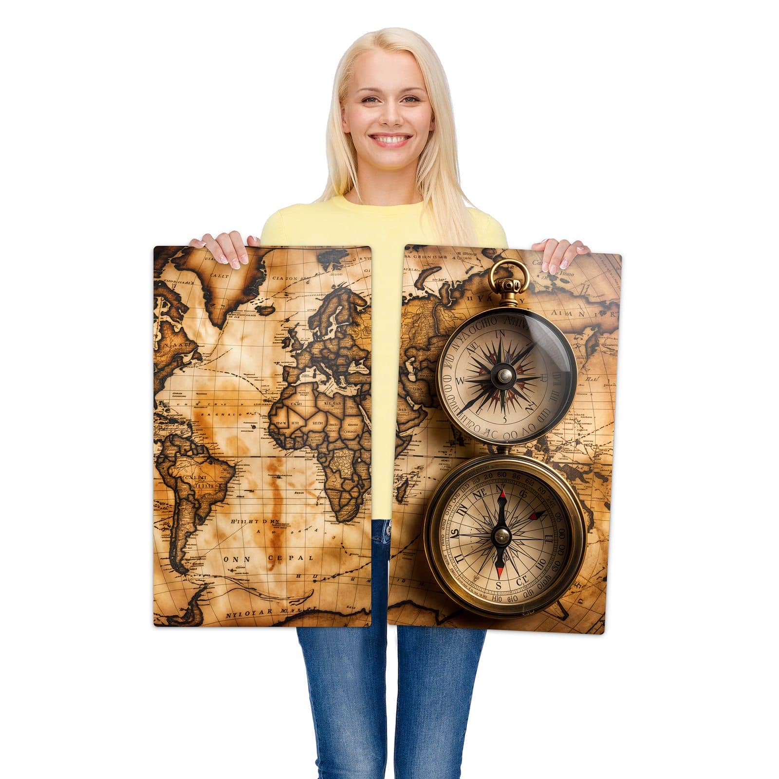2-teilige Abdeckung für Herdplatten mit Vintage Weltkarte Kompass-Motiv wird zur Größendarstellung gehalten