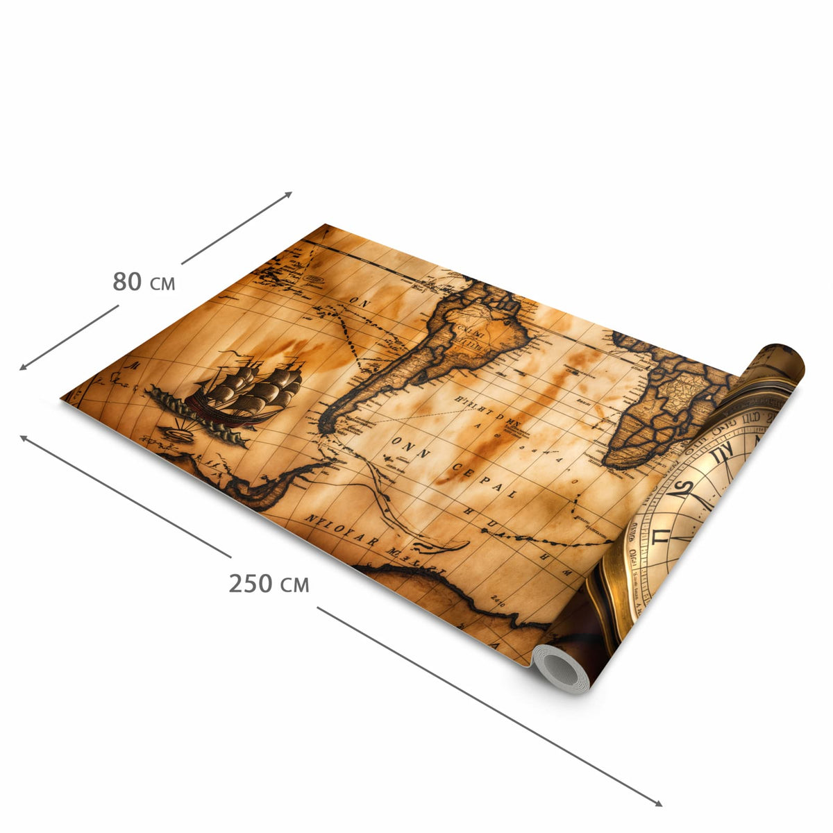 Küchenteppich mit Motiv Vintage Weltkarte Kompass in der Grösse 80x200 cm zum sicheren Aufbewahren