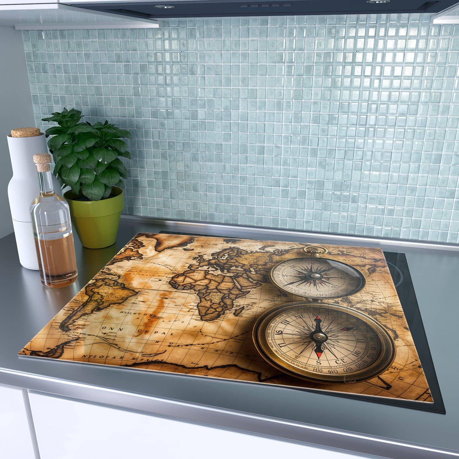 1-teilige Herdabdeckplatte mit Vintage Weltkarte Kompass-Motiv auf dem Ceranfeld