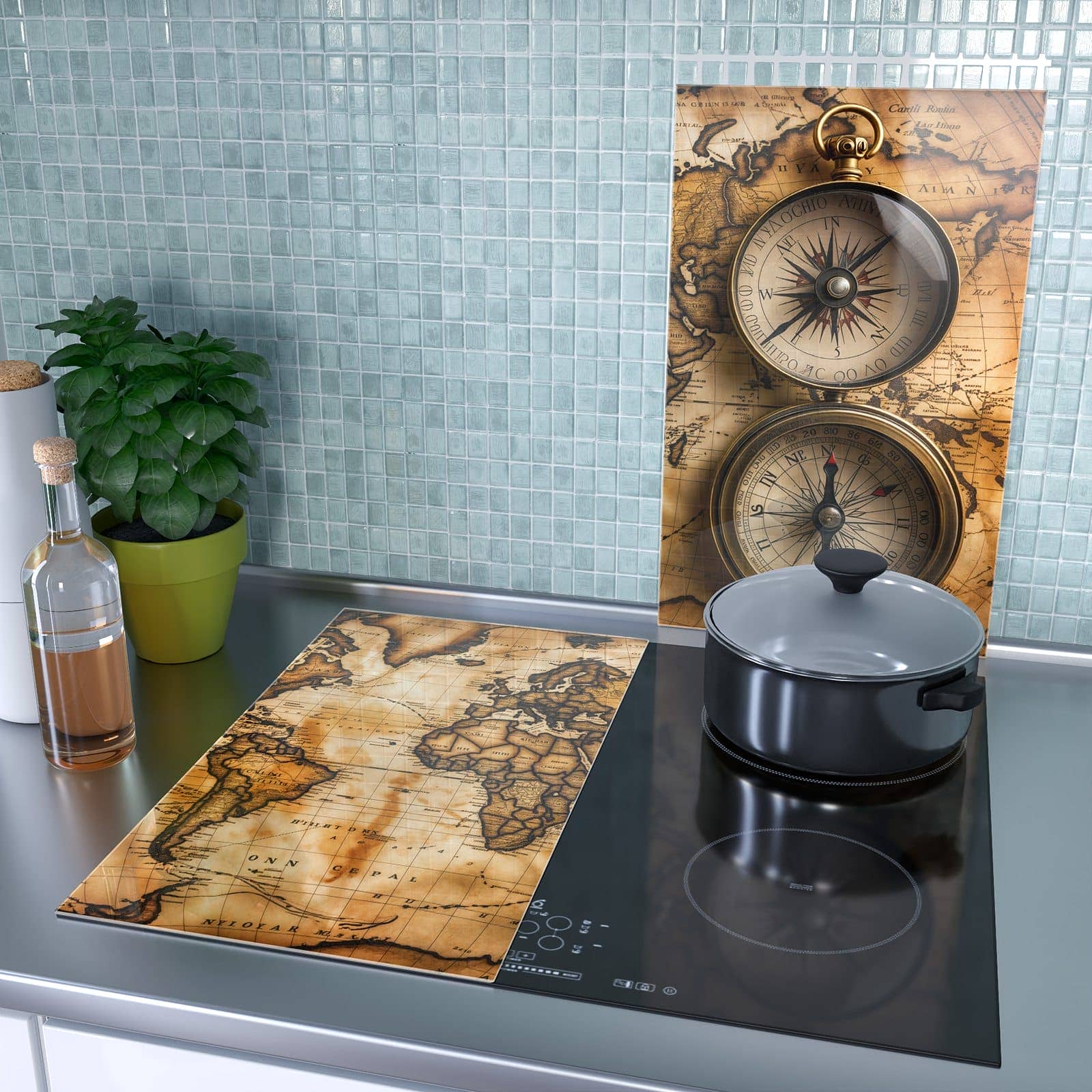 2-teilige Herdabdeckung mit Vintage Weltkarte Kompass-Motiv als Spritzschutz hinter dem Kochfeld