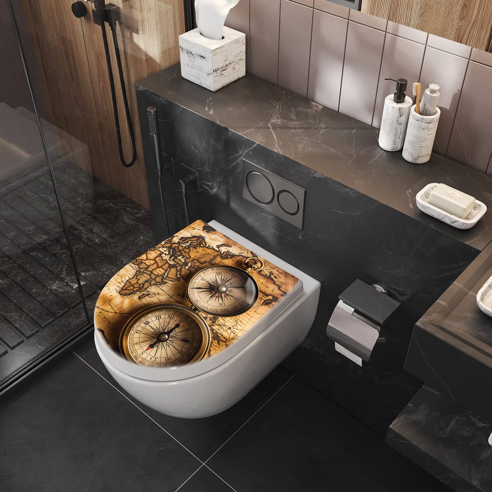 WC-Sitz mit Absenkautomatik Vintage Weltkarte Kompass