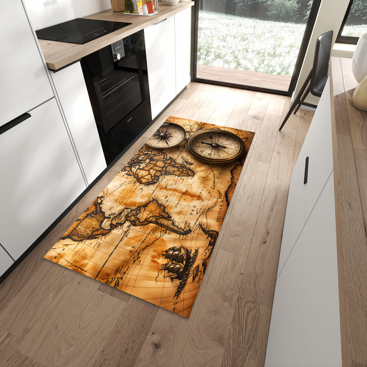 Pflegeleichter Küchenteppich mit Motiv Vintage Weltkarte Kompass in moderner Küche