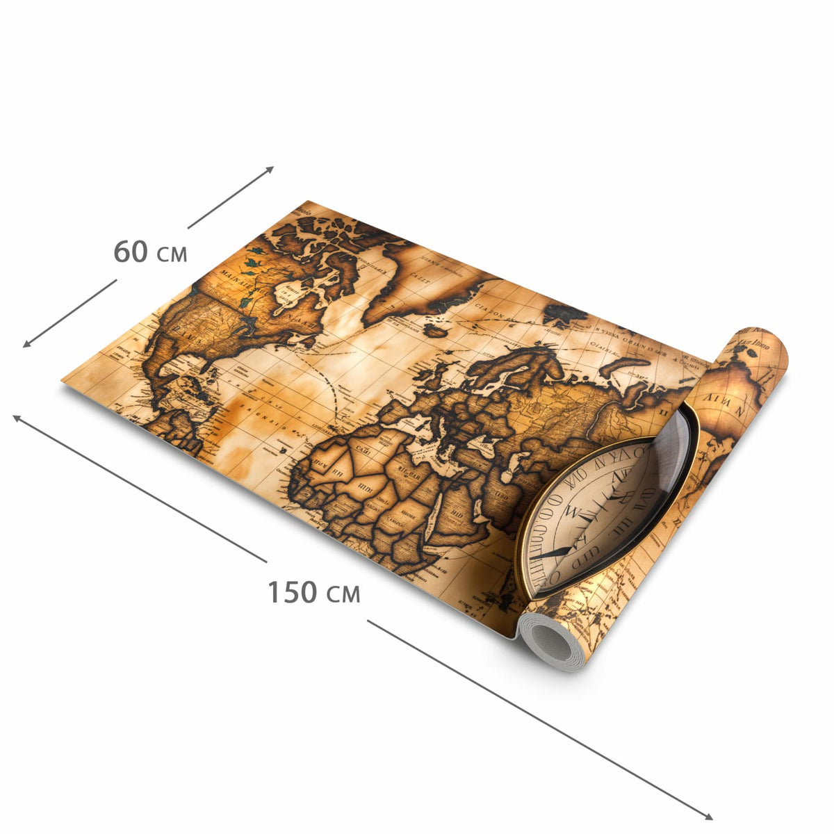 Rutschfester Küchenteppich mit Motiv Vintage Weltkarte Kompass in der Grösse 60x90 cm