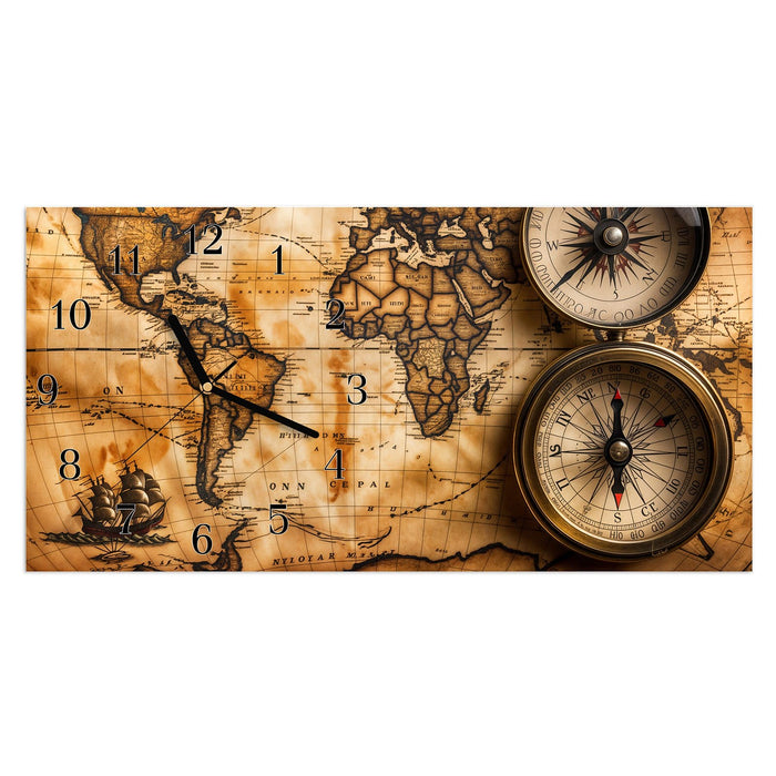 Wanduhr Weltkarte mit Kompassen aus Glas – Querformat 60 × 30 cm mit Ziffernblatt Klassisch