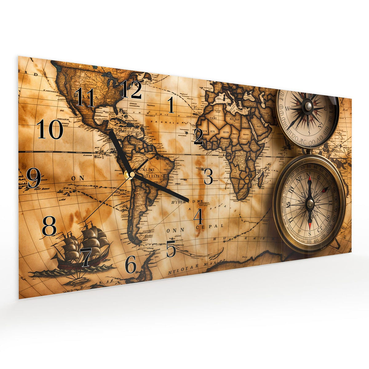 Vormontiert – mit Schwebeeffekt – Wanduhr Weltkarte mit Kompassen aus Glas – Querformat 60 × 30 cm