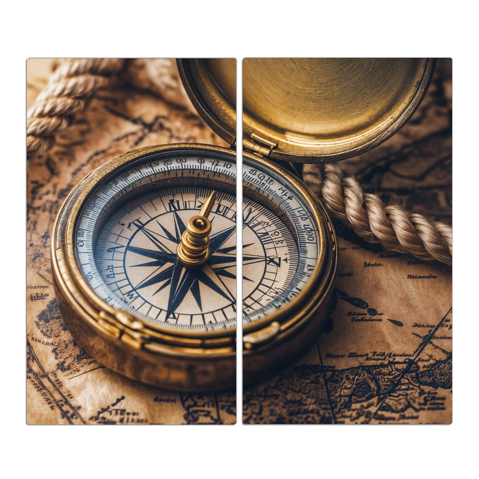 2-teilige Herdabdeckplatte mit Kompass auf Karte-Motiv in der Frontansicht #grösse_2-Teilig (60x52cm)