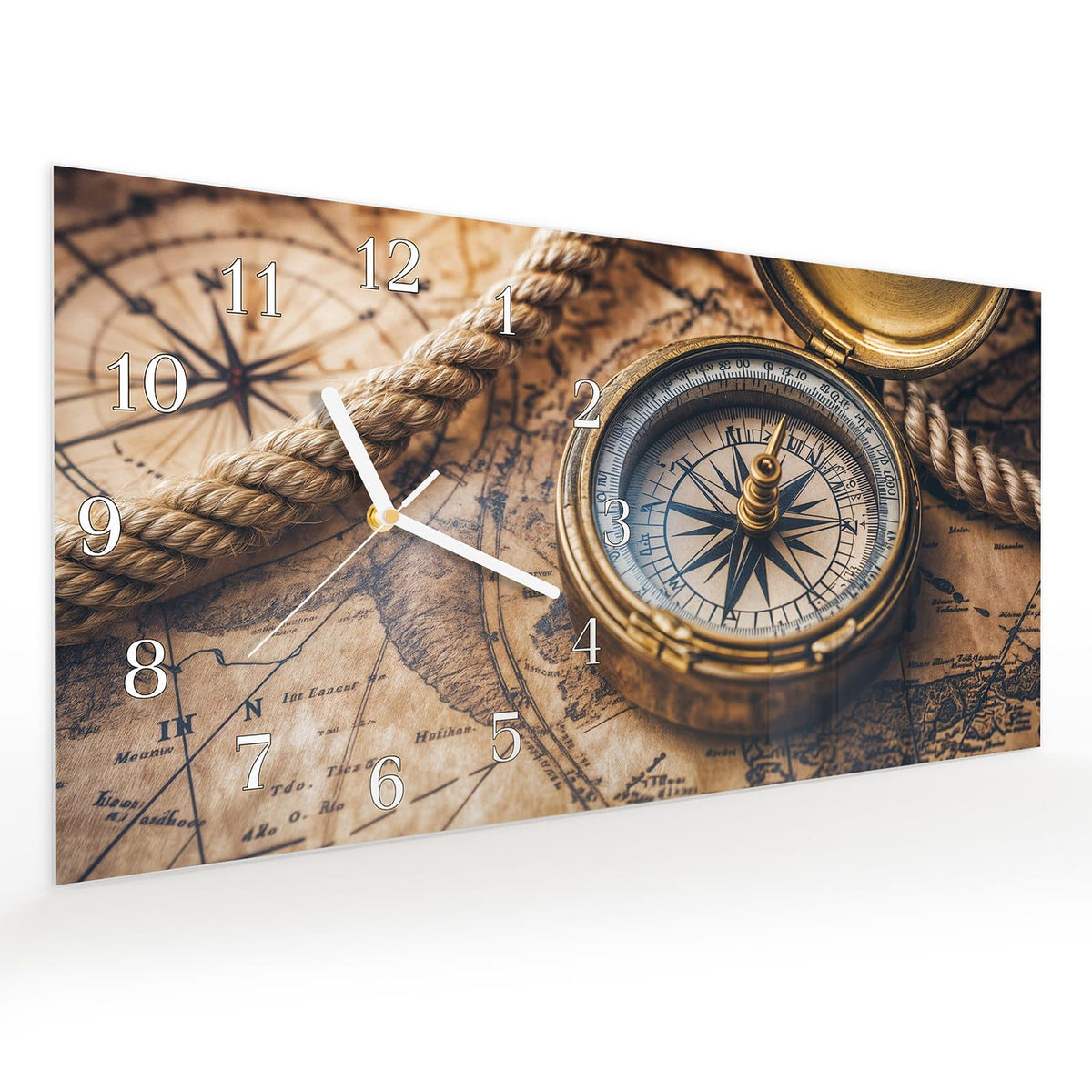 Vormontiert – mit Schwebeeffekt – Wanduhr Kompass auf Karte aus Glas – Querformat 60 × 30 cm