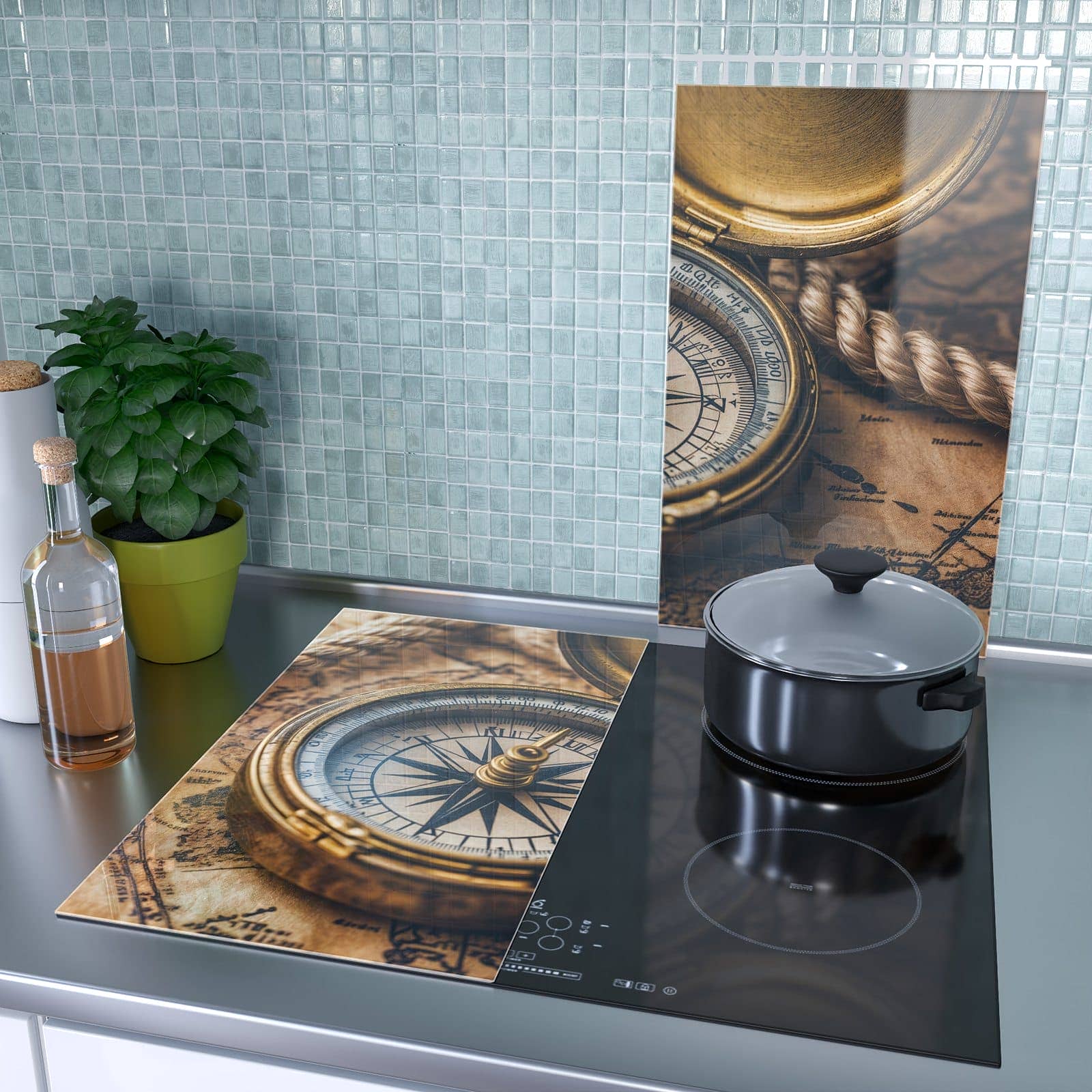 2-teilige Herdabdeckplatten mit Kompass auf Karte-Motiv als Spritzschutz hinter dem Kochfeld