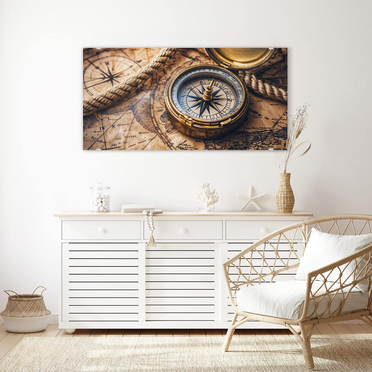 Echtglas, 4 mm – kein Acryl, keine Folie – Wandbild - Kompass auf Karte - Querformat