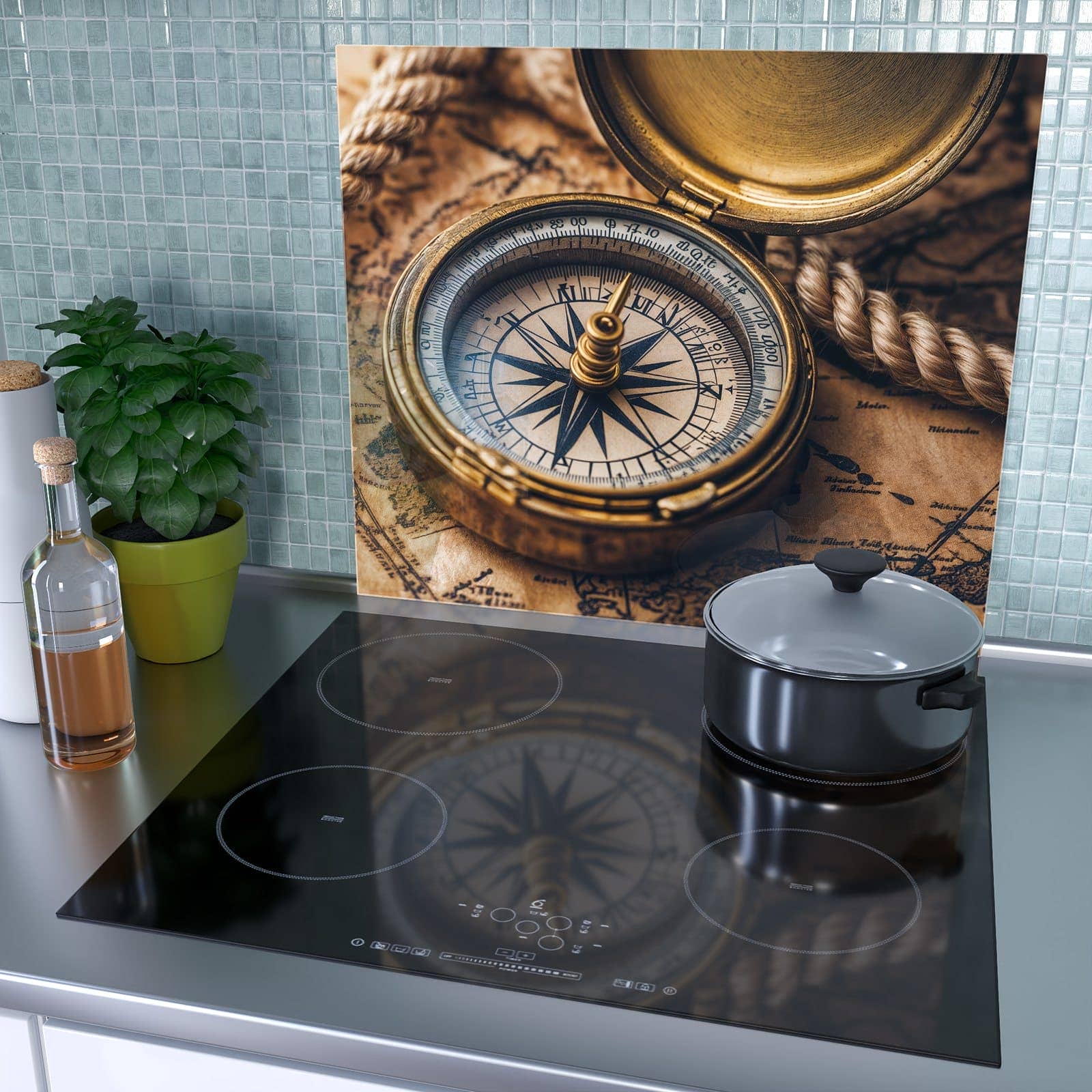 1-teilige Herdabdeckplatte aus Glas mit Kompass auf Karte-Motiv als Spritzschutz hinter dem Kochfeld