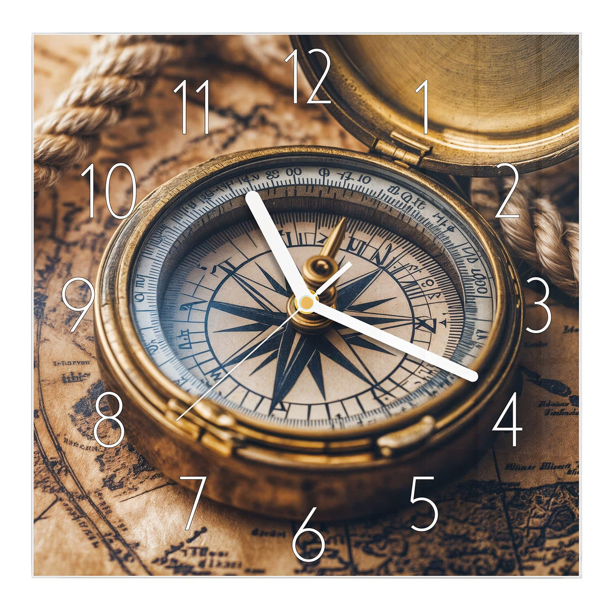 Wanduhr aus Glas, Ziffernblatt Elegant mit Motiv Kompass auf Karte: Geöffneter Messingkompass auf vergilbter alter Karte, daneben ein Tau #ziffernblatt_Elegant