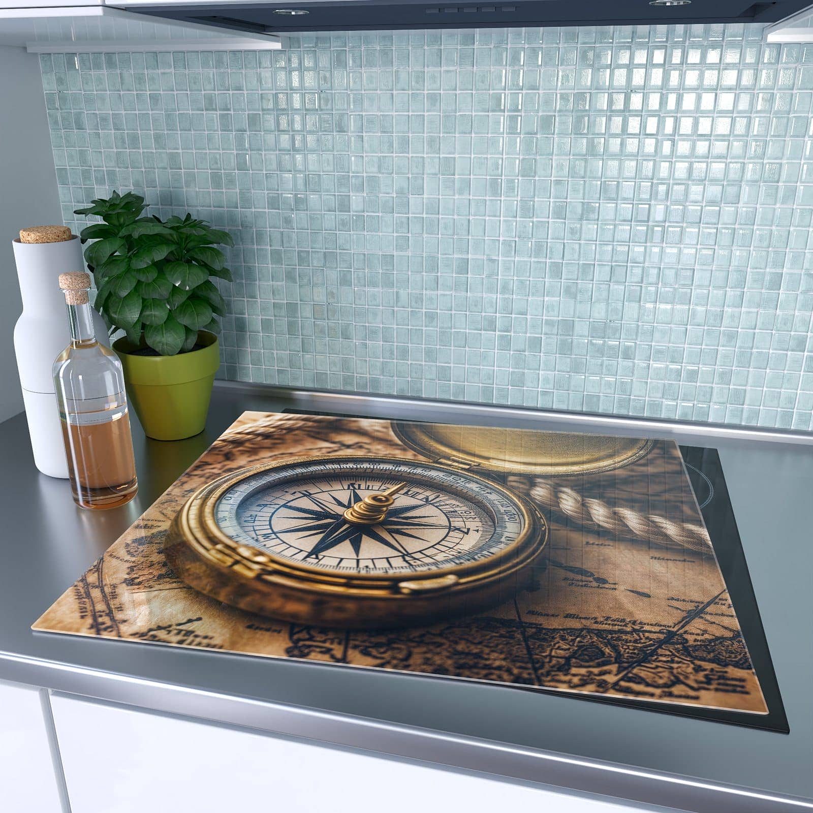 1-teilige Herdabdeckplatten für Ceranfeld mit Kompass auf Karte-Motiv auf dem Ceranfeld