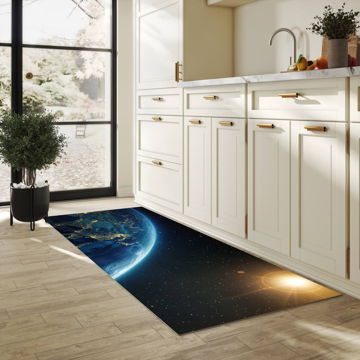 Schmutzabweisender Teppichläufer mit Motiv Erde bei Nacht in heller Küche