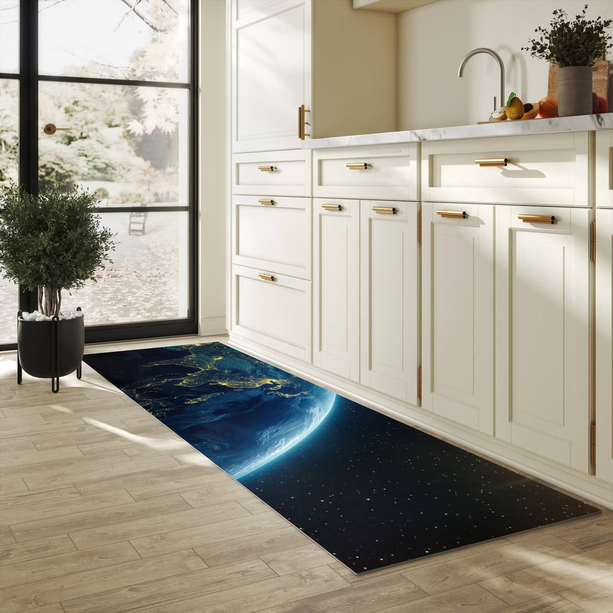 Waschbarer Küchenteppich mit Motiv Erde bei Nacht für Trittkomfort in heller Küche