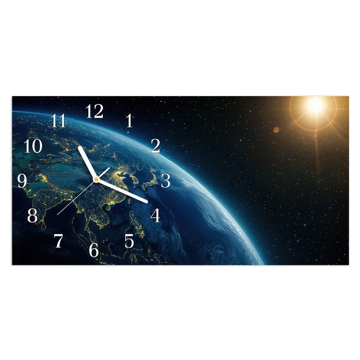 Wanduhr Erde bei Nacht aus Glas – Querformat 60 × 30 cm mit Ziffernblatt Klassisch