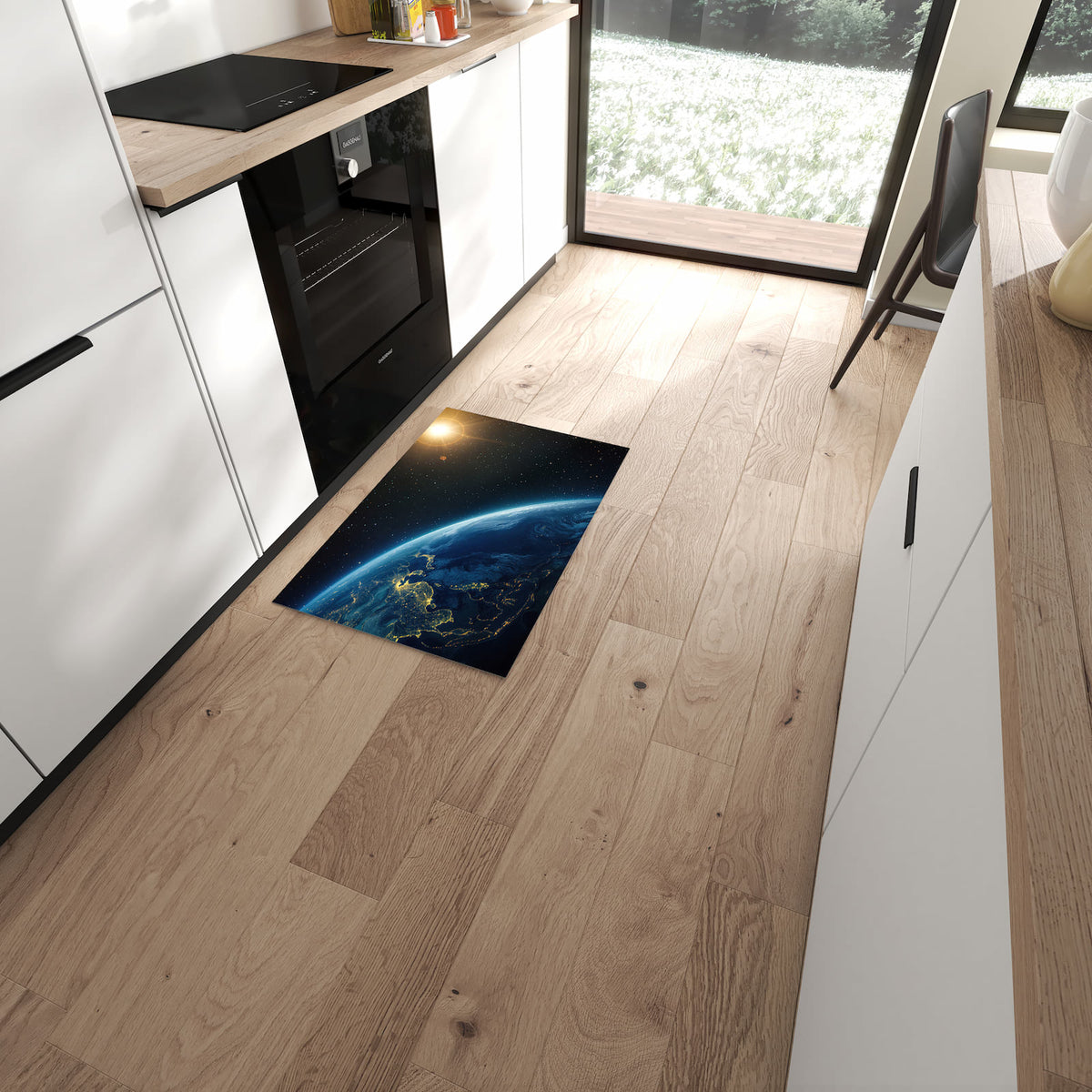 Geruchsneutraler Küchenteppich mit Motiv Erde bei Nacht in moderner Küche