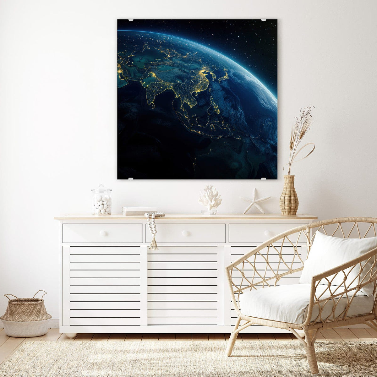 Echtglas, 4 mm – kein Acryl, keine Folie – Wandbild - Erde bei Nacht - Quadratisch
