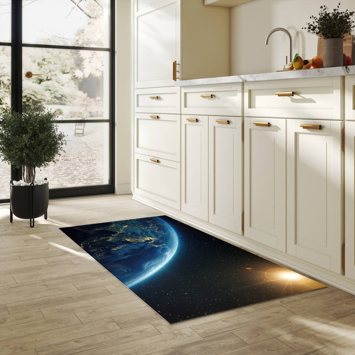 Fleckenresistenter Küchenläufer mit Motiv Erde bei Nacht in heller Küche