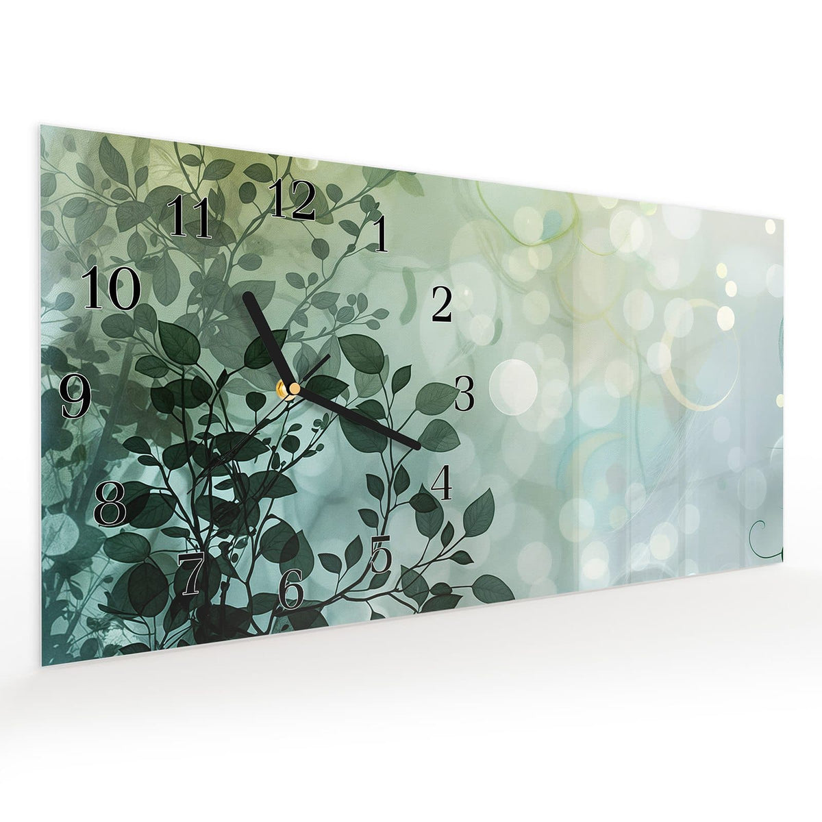 Vormontiert – mit Schwebeeffekt – Wanduhr Blättertraum aus Glas – Querformat 60 × 30 cm