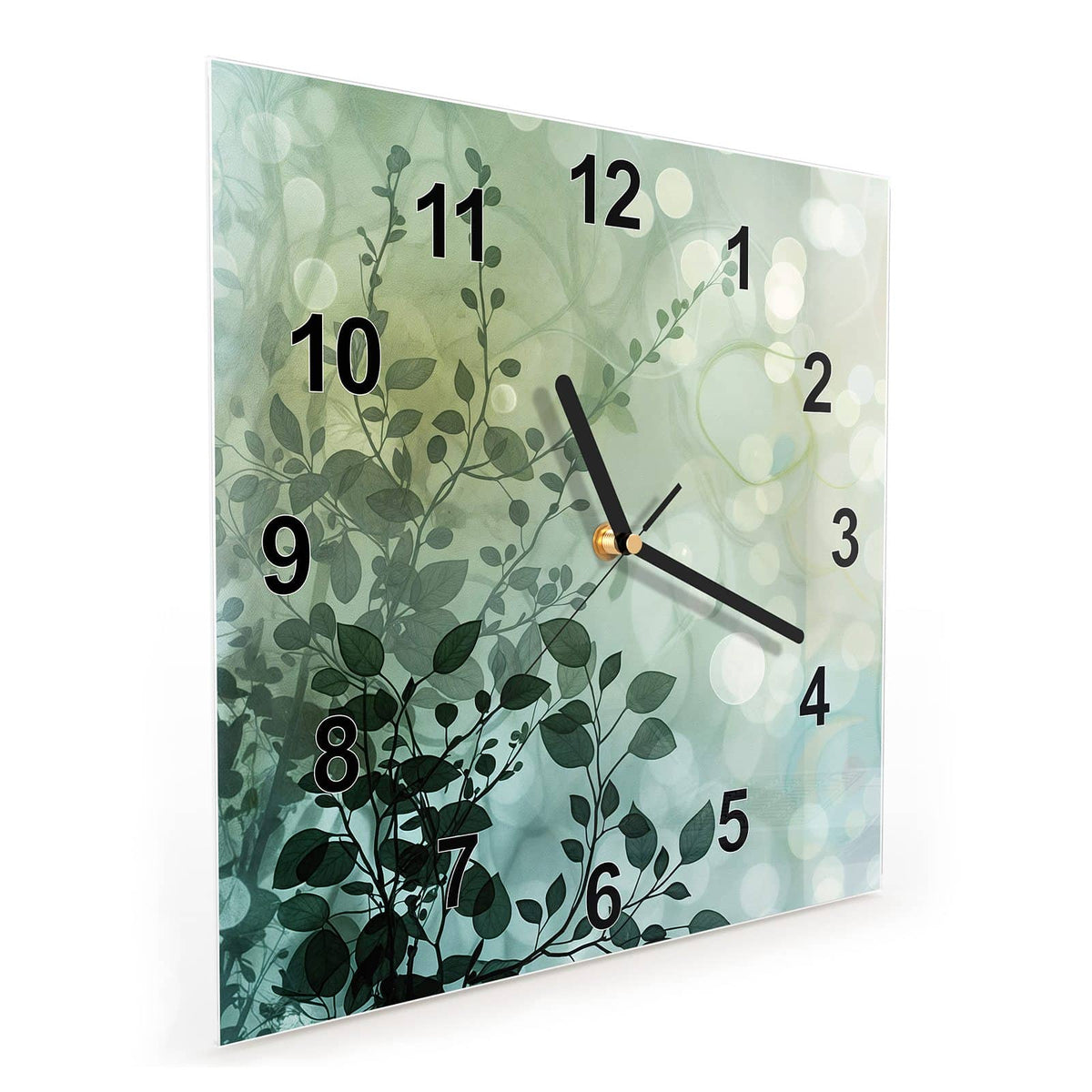 Vormontiert – mit Schwebeeffekt – Wanduhr Blättertraum aus Glas – Quadratisch 30 × 30 cm