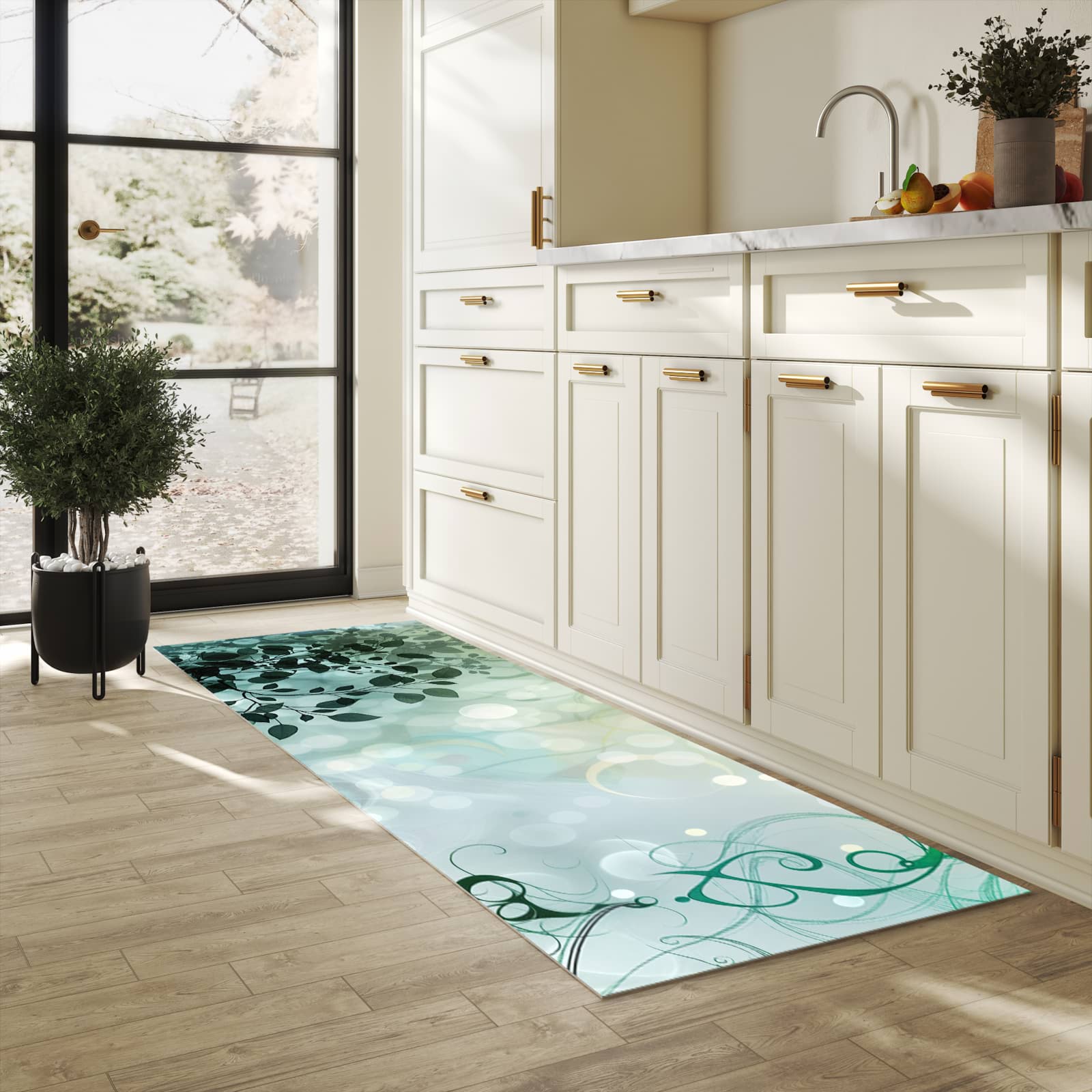 Abwaschbarer Küchenteppich mit Motiv Blättertraum in heller Küche