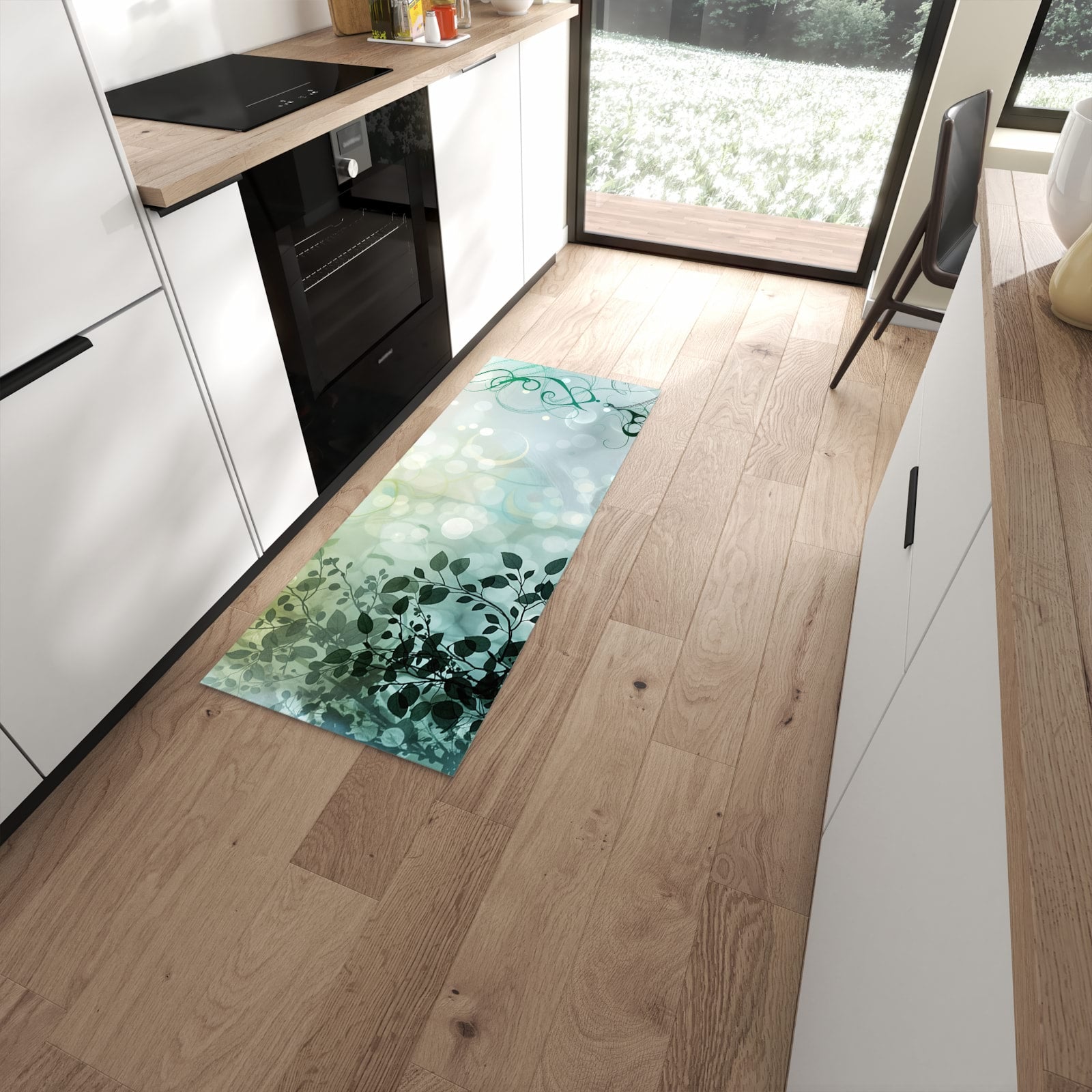 Waschbarer Küchenteppich mit Motiv Blättertraum in moderner Küche #grösse_60 x 150 cm
