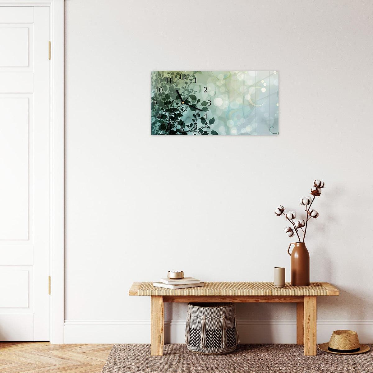 Moderne Wanduhr aus Glas mit Farbtiefe – Wanduhr Blättertraum aus Glas – Querformat 60 × 30 cm