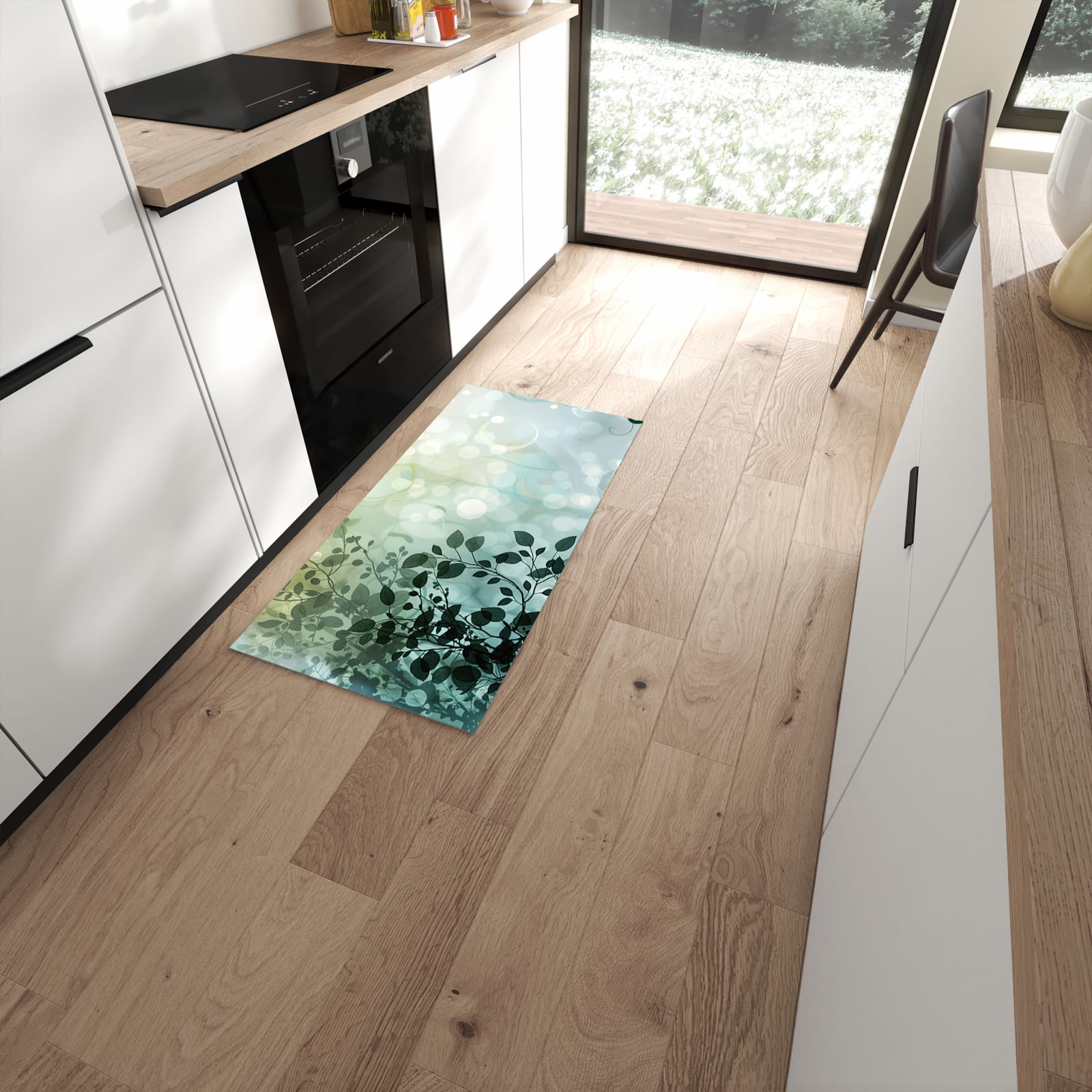 Strapazierfähiger rutschfester Küchenteppich mit Motiv Blättertraum in moderner Küche #grösse_60 x 120 cm