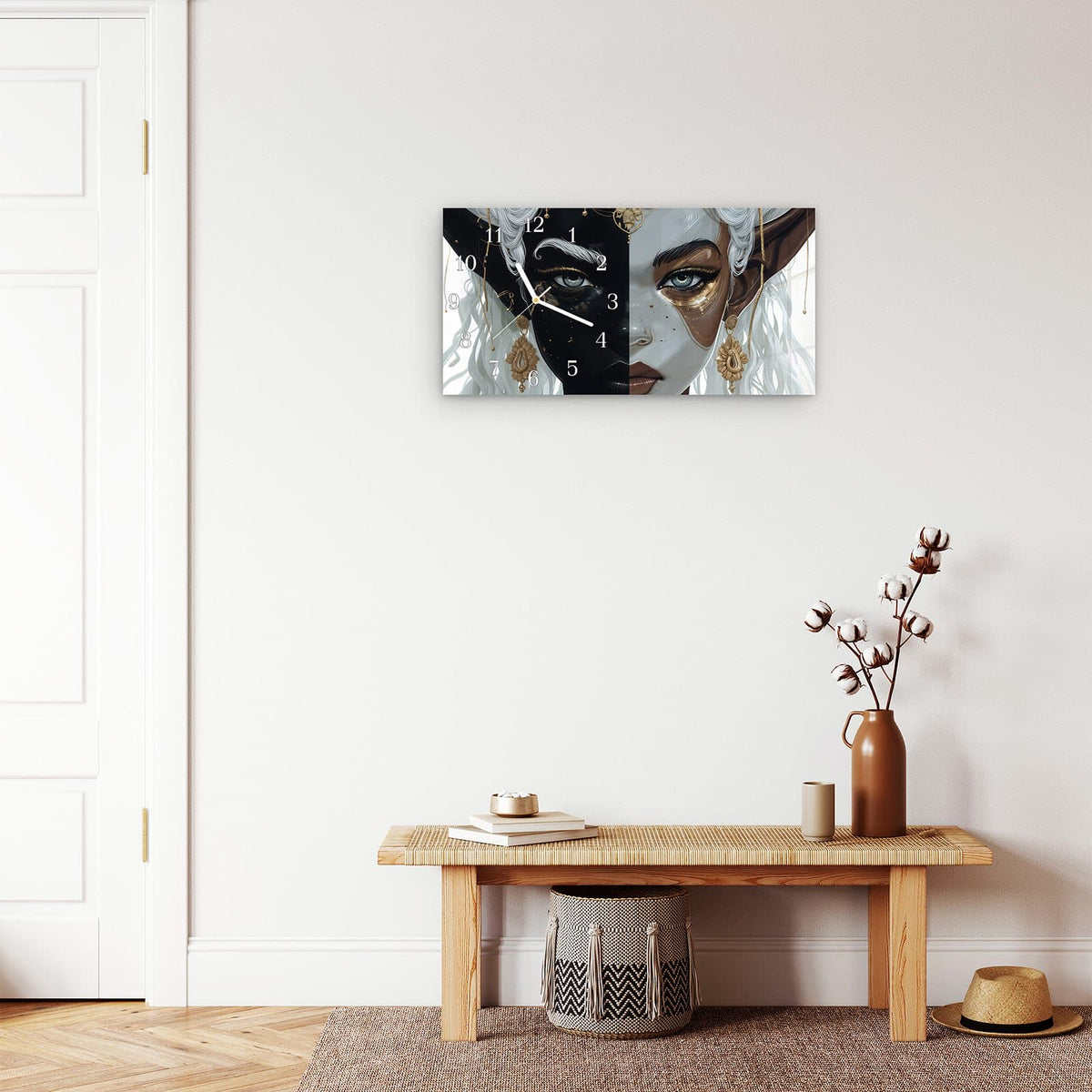 Moderne Wanduhr aus Glas mit Farbtiefe – Wanduhr Dualer Elf aus Glas – Querformat 60 × 30 cm