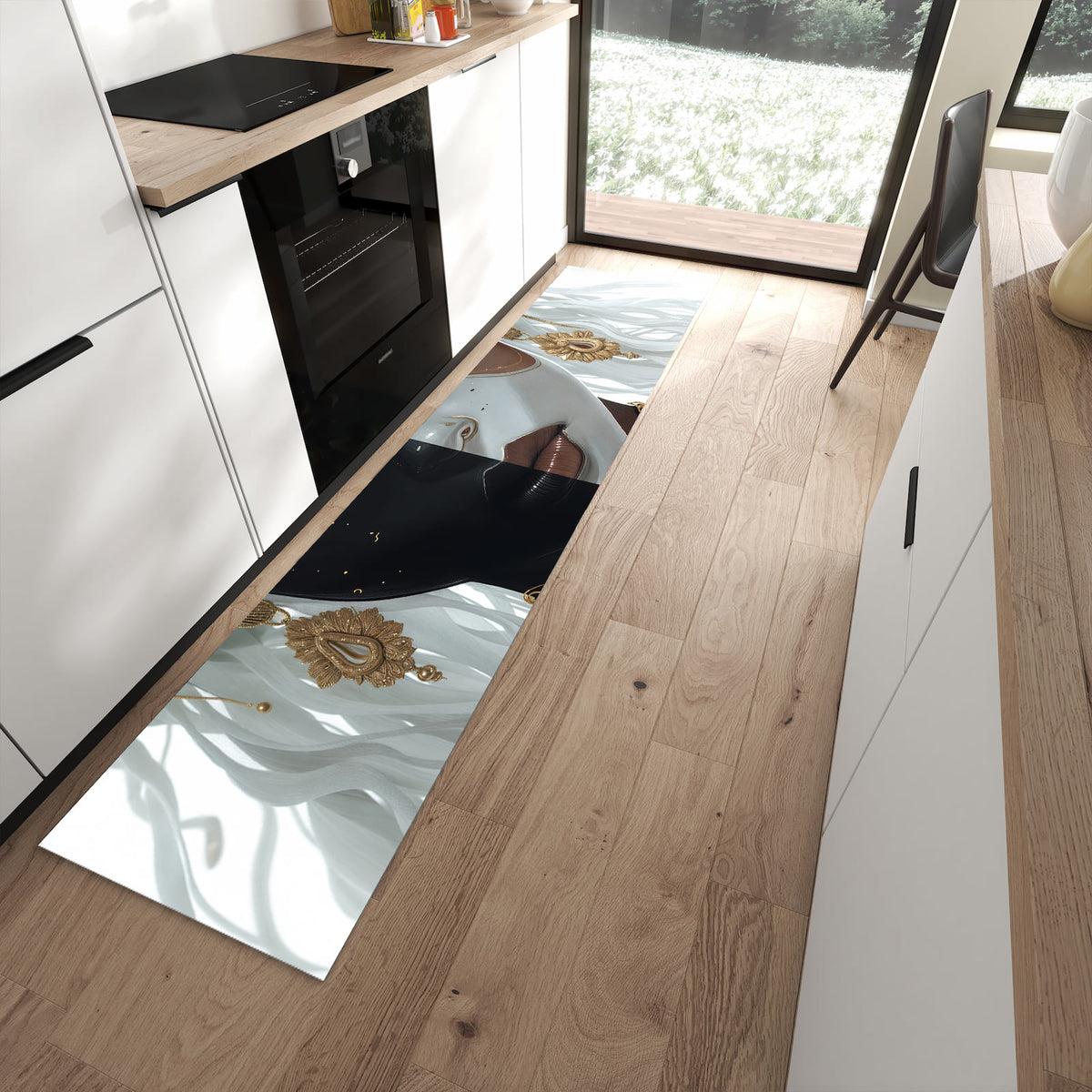 Geruchsneutraler Bodenläufer Teppich mit Motiv Dualer Elf in moderner Küche