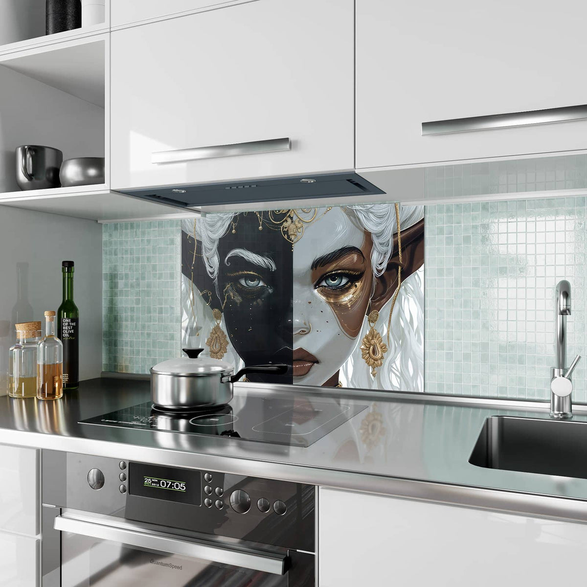 Küchenrückwand aus Glas Zweigeteiltes Gesicht im Hochformat als Spritzschutz hinter dem Kochfeld, über dem Fliesenspiegel montiert