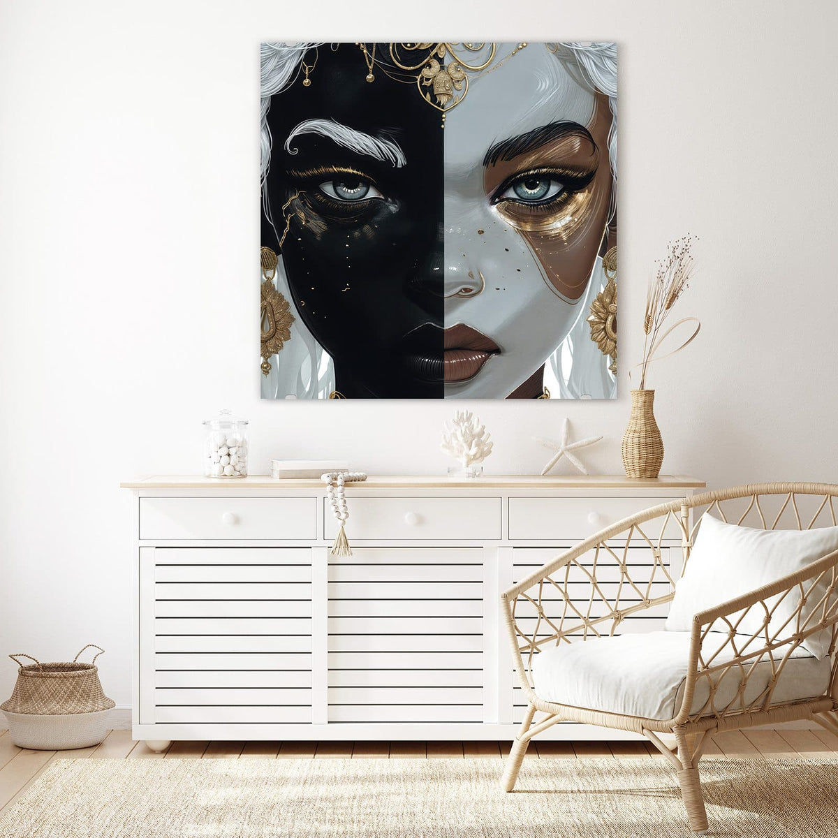 Glasbild Zweigeteiltes Gesicht an der Wand – Frauenporträt, senkrecht geteilt: linke Gesichtshälfte tiefschwarz, rechte weiß geschminkt, weißes Haar und goldener Schmuck
