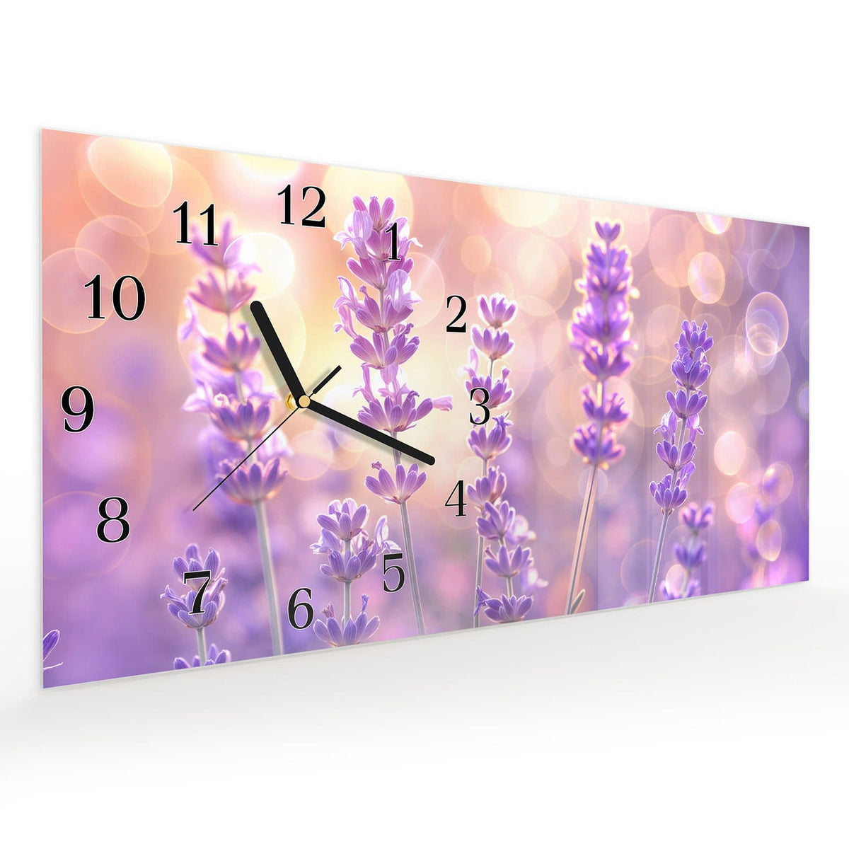 Vormontiert – mit Schwebeeffekt – Wanduhr Lavendelblütenfeld aus Glas – Querformat 60 × 30 cm