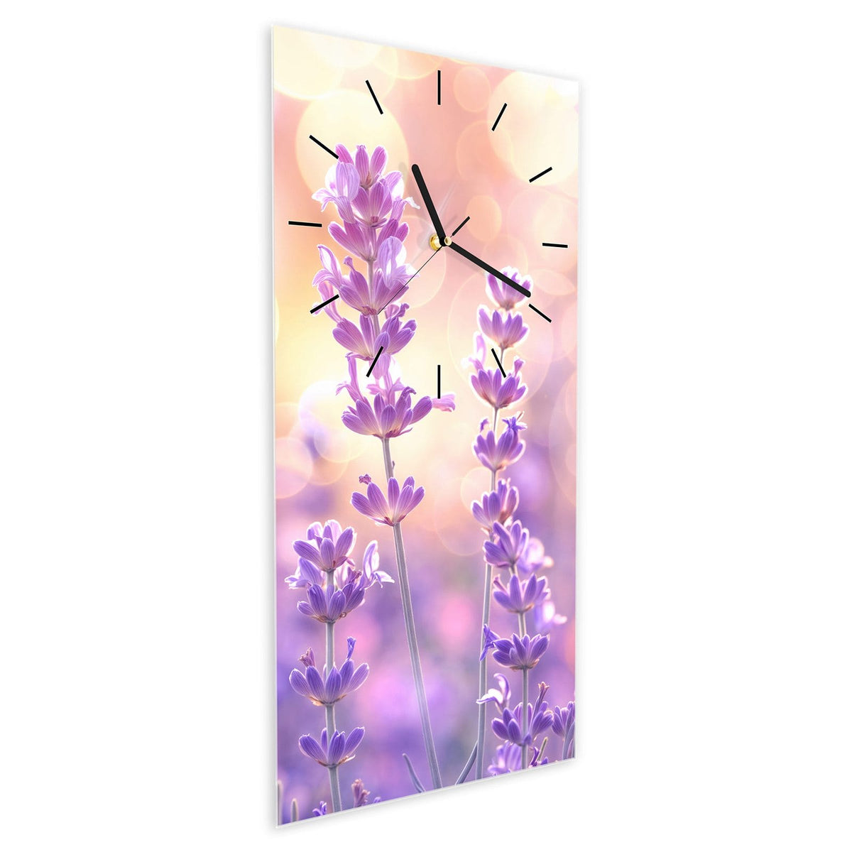 Wanduhr aus Glas im Hochformat Lavendel im Gegenlicht schräg von der Seite, 4 mm starkes Glas
