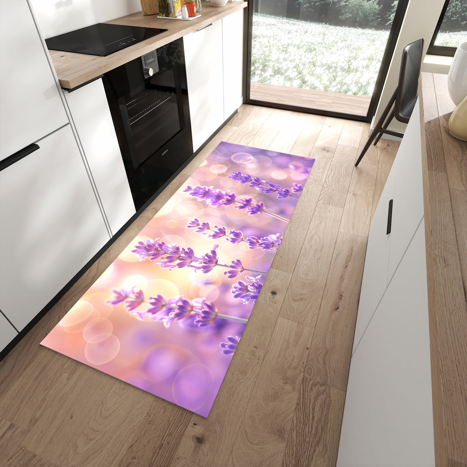 Formstabiler langer Teppich mit Motiv Lavendelblütenfeld in moderner Küche
