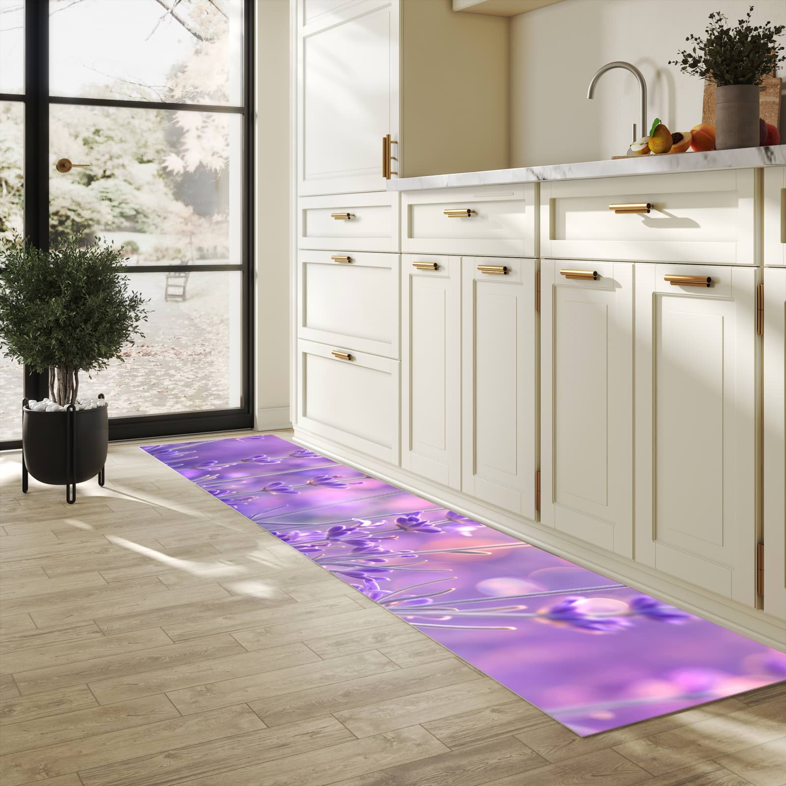 Strapazierfähiger dünner Küchenteppich mit Motiv Lavendelblütenfeld in heller Küche