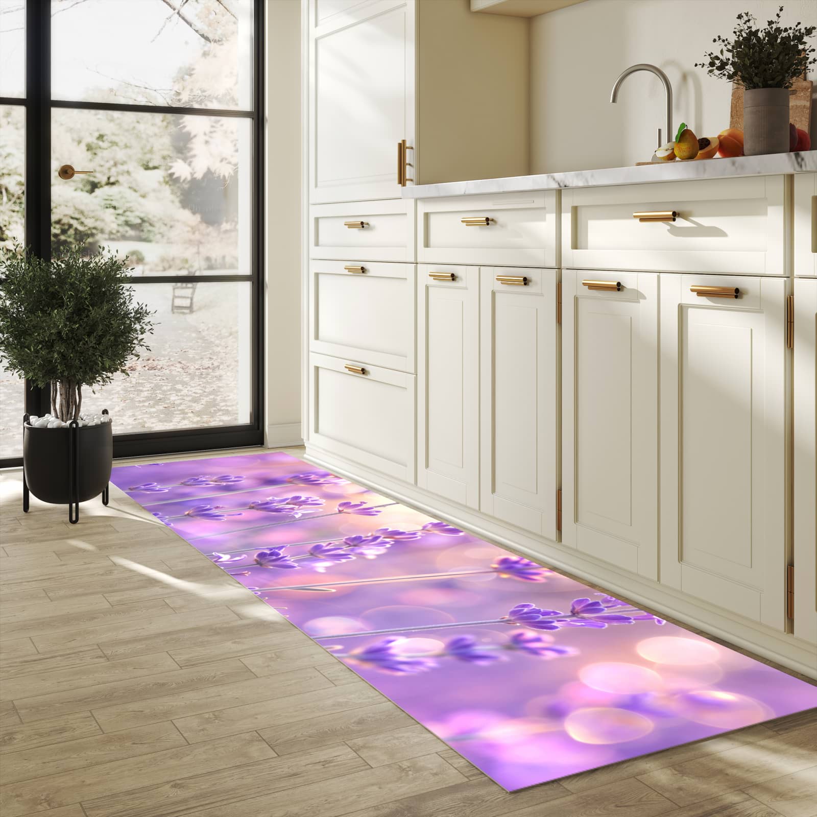 Bodenschonender Bodenläufer-Teppich mit Motiv Lavendelblütenfeld in heller Küche