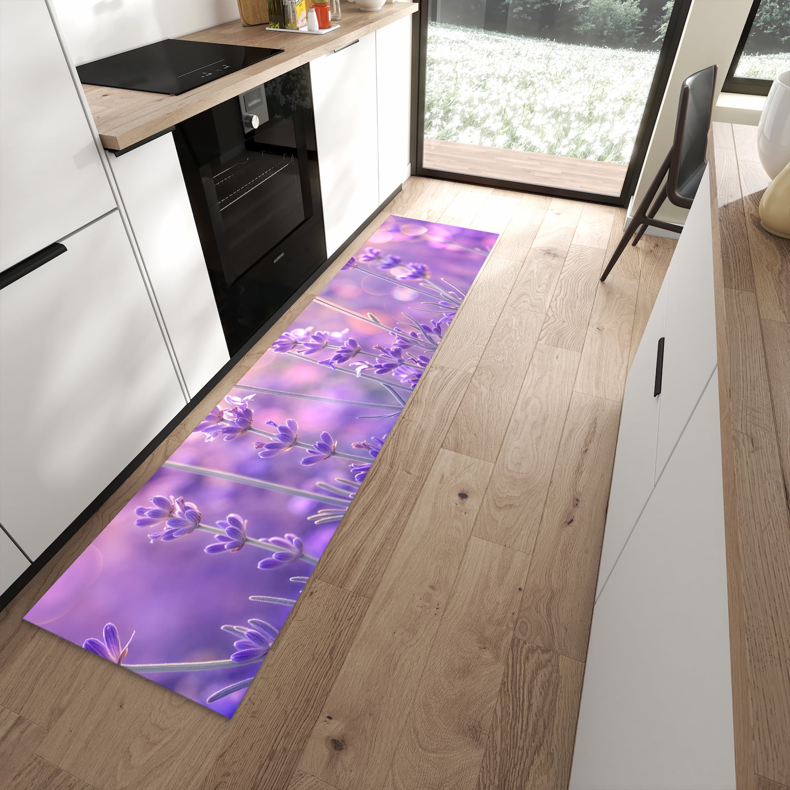 Bodenschonender Küchenteppich mit Motiv Lavendelblütenfeld in moderner Küche