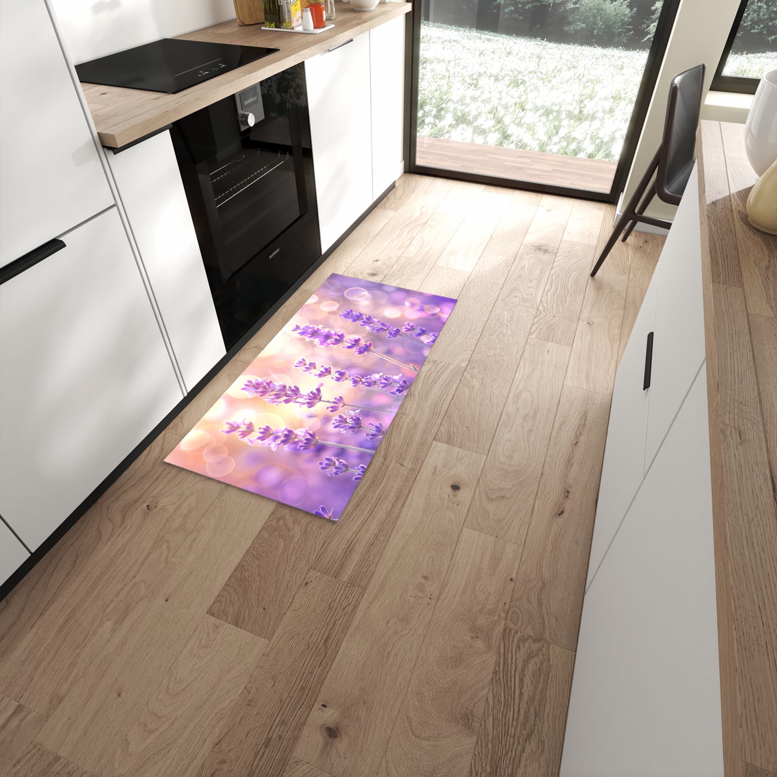 Langlebiger Küchenvorleger mit Motiv Lavendelblütenfeld in moderner Küche #grösse_60 x 120 cm