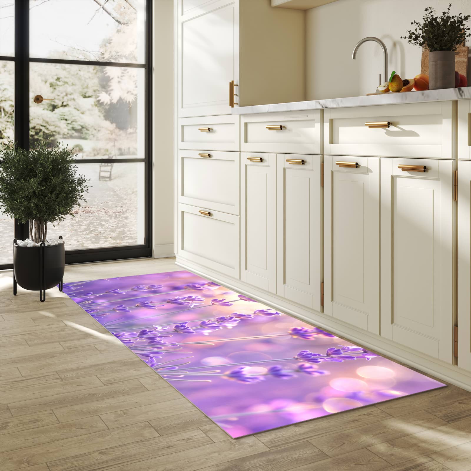 Bodenschonender waschbarer Küchenteppich mit Motiv Lavendelblütenfeld in heller Küche