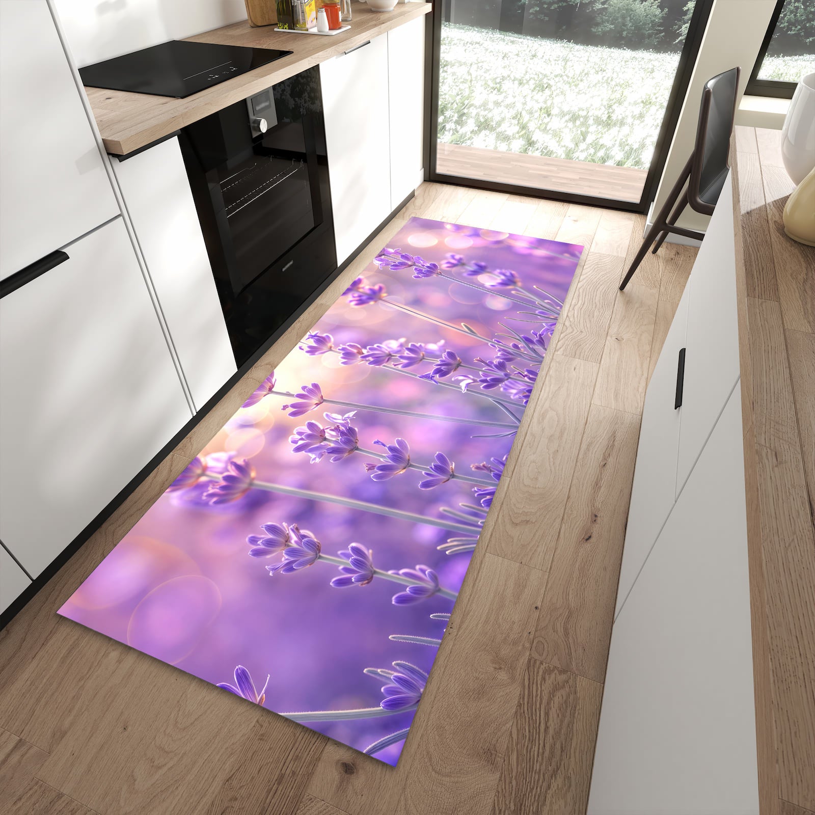 UV-beständiger waschbarer Küchenteppich mit Motiv Lavendelblütenfeld in moderner Küche