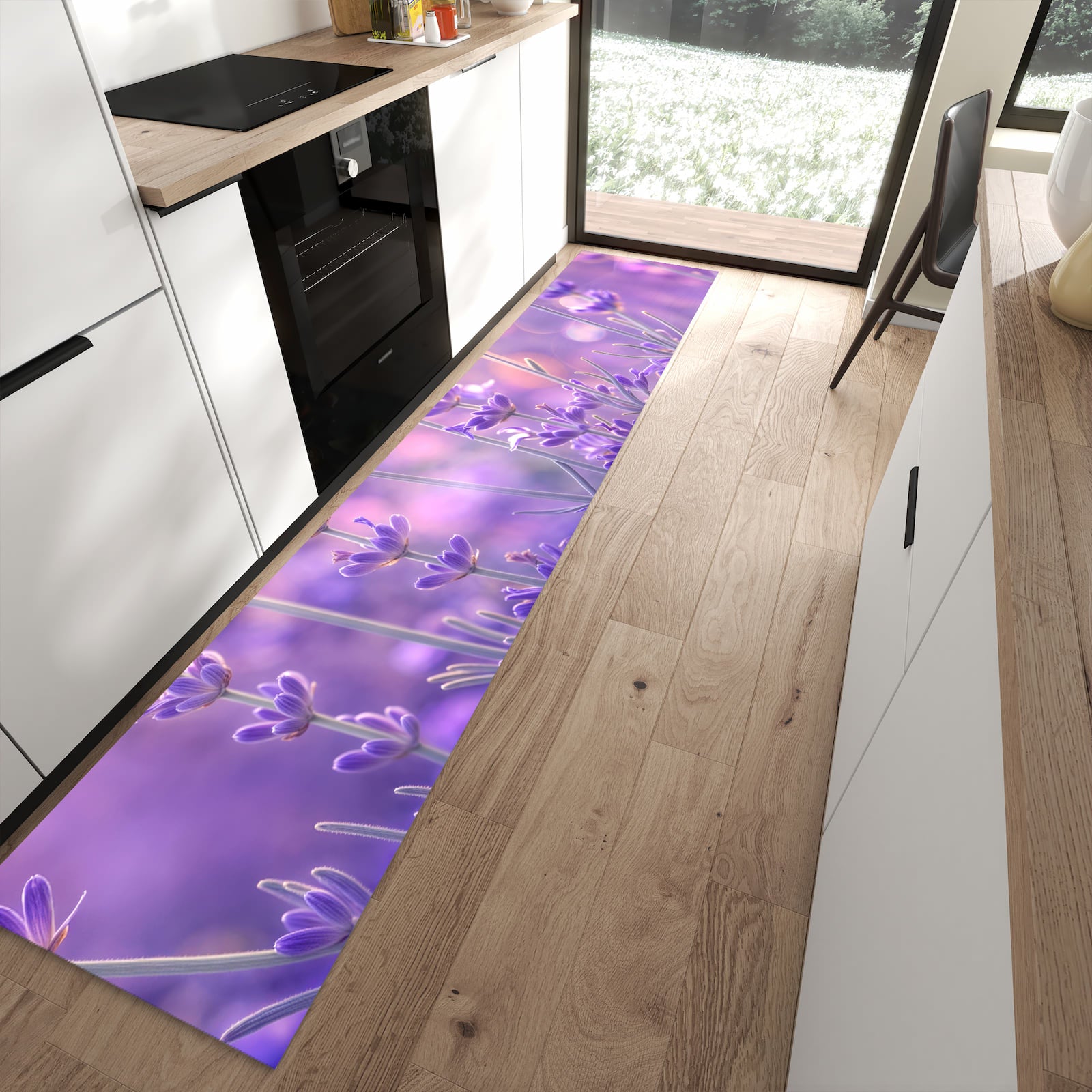 Bodenschonender waschbarer Küchenläufer mit Motiv Lavendelblütenfeld in moderner Küche