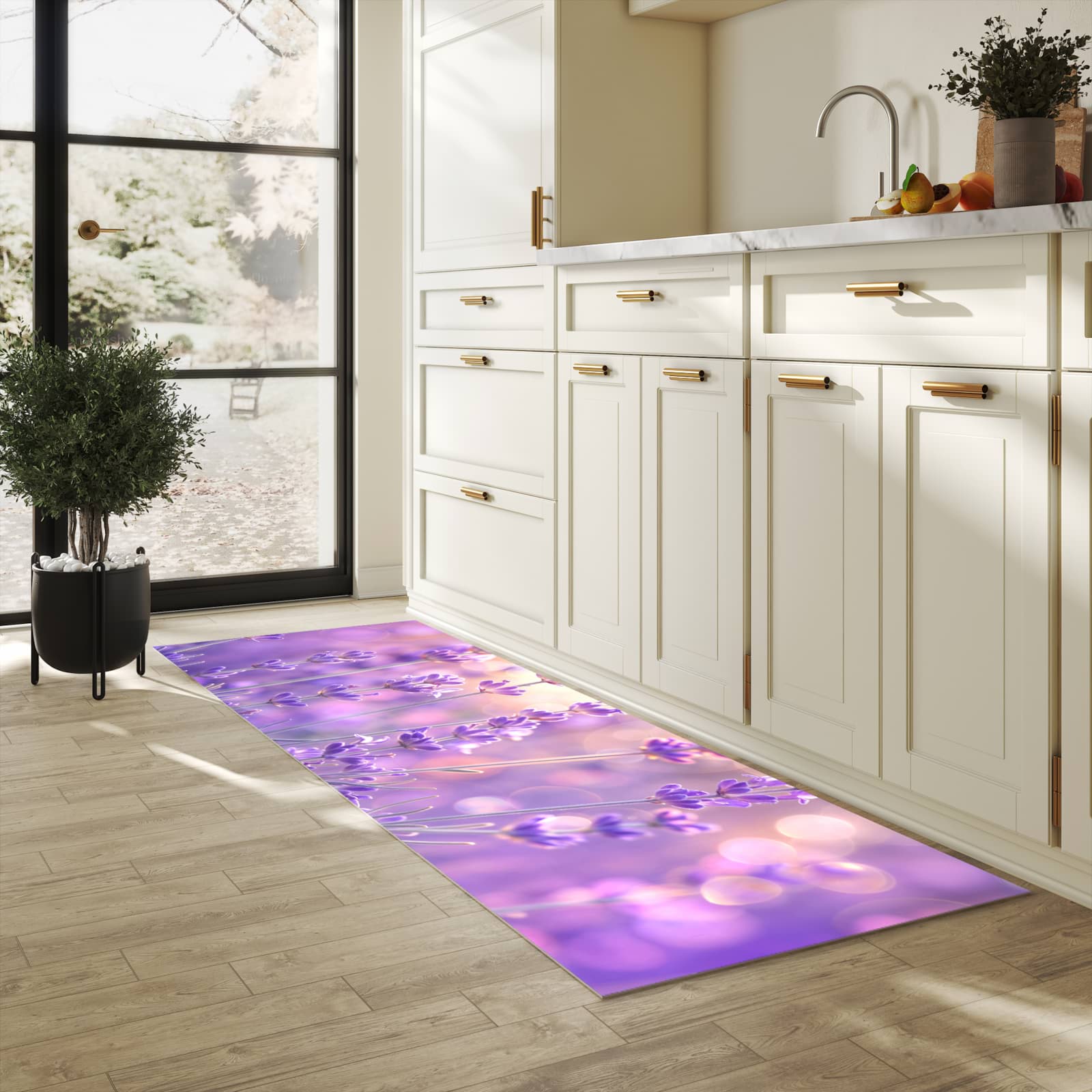 Rutschfester Küchenteppich mit Motiv Lavendelblütenfeld in heller Küche