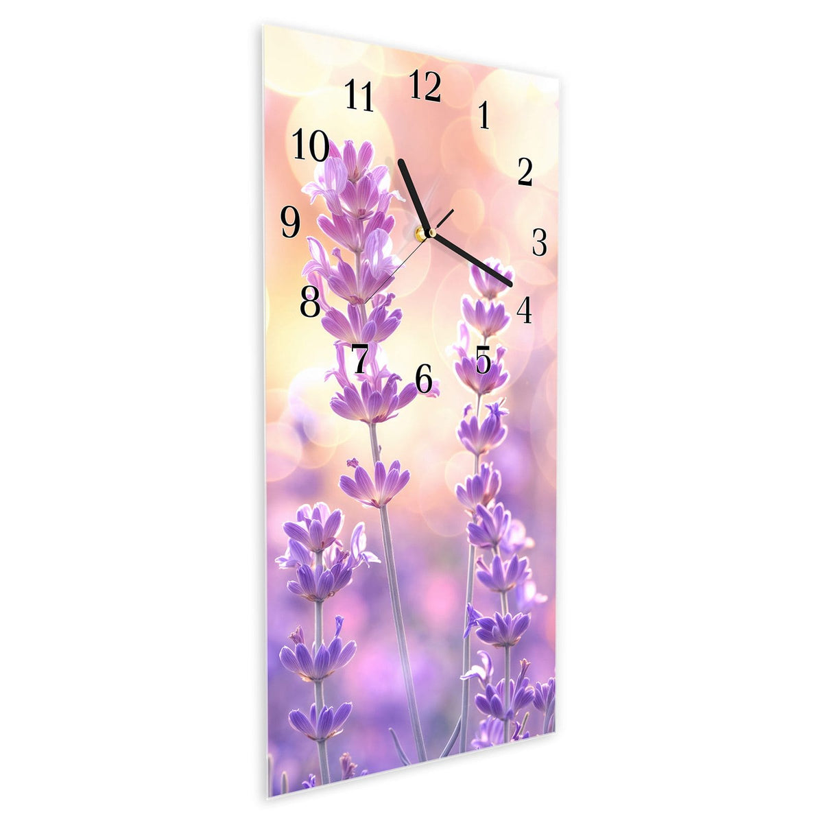 Wanduhr aus Glas im Hochformat Lavendel im Gegenlicht schräg von der Seite, 4 mm starkes Glas