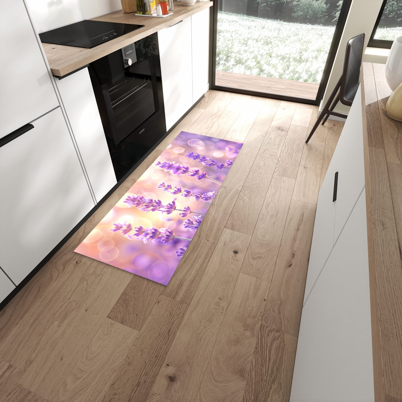 Rutschfester waschbarer Küchenteppich mit Motiv Lavendelblütenfeld in moderner Küche #grösse_60 x 150 cm