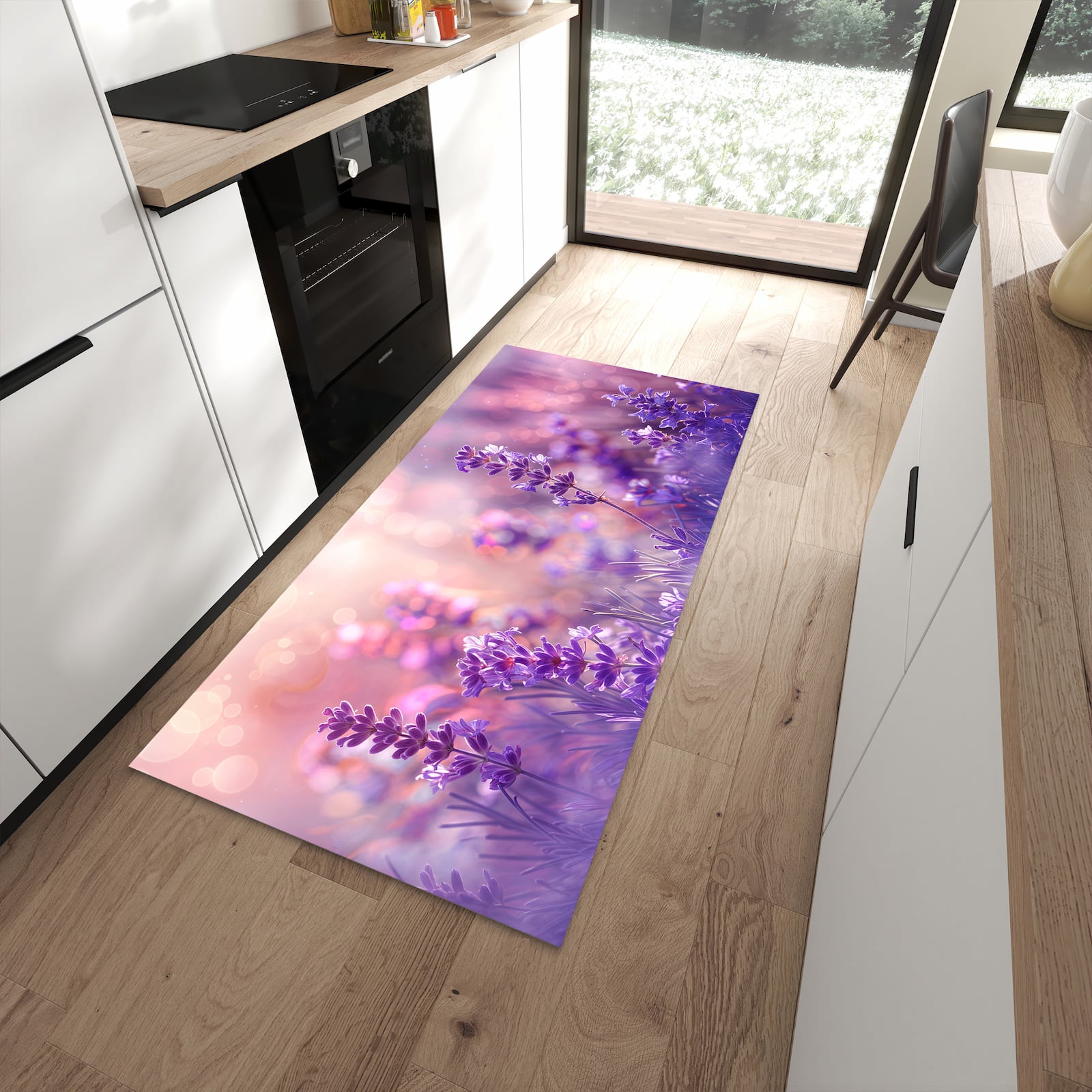 Strapazierfähiger Küchenläufer mit Motiv Lavendeltraum in moderner Küche